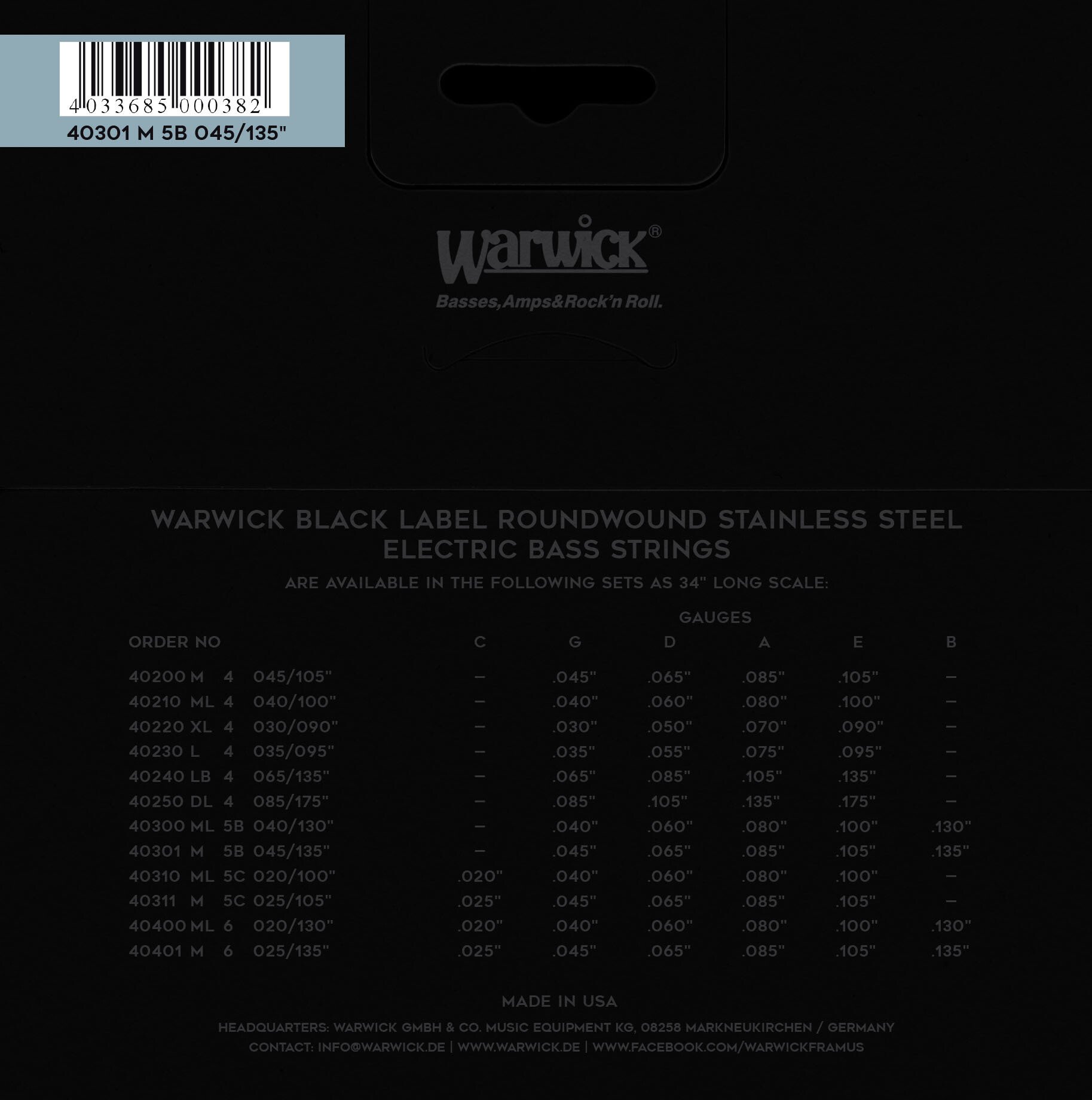 40301 M 5B Black Strings Set - Medium Low B / 5-String 045" - 135" - Saitensatz für E-Bass